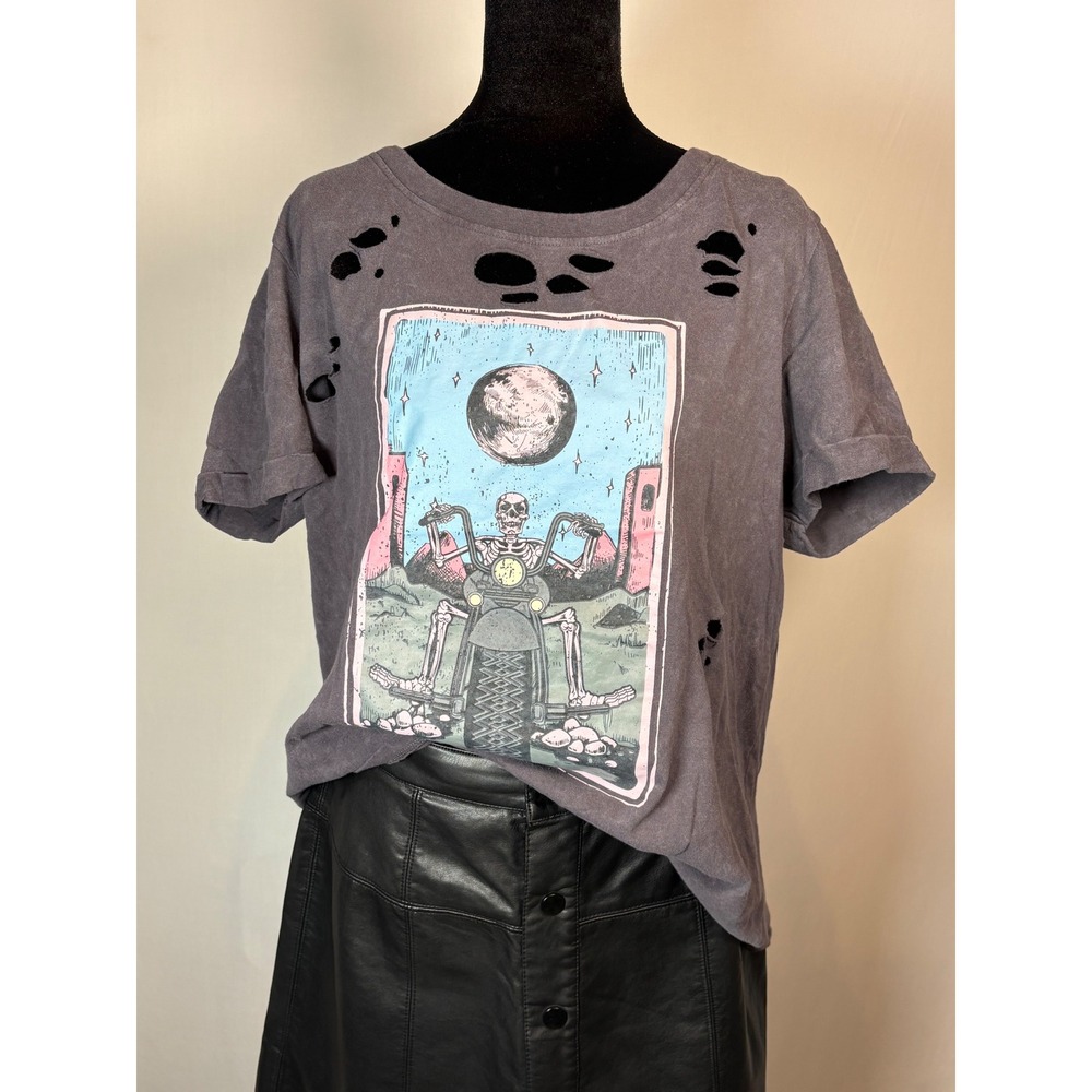 Electric Pink Skeleton‎ Motorcycle World Tour Distressed Graphic Tee Gray 1X